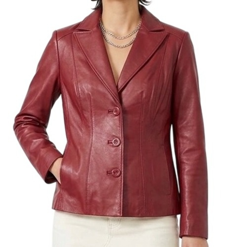 Vintage Y2K East 5th Red Burgundy Genuine Leather Blazer Jacket Petite Small